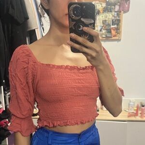 Elegant Coral Smocked Blouse